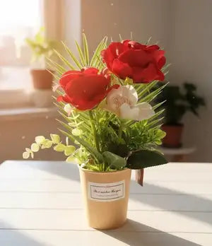 Artificial Rose Flower Pot Arrangement – Realistic Red & White Floral Décor (A gift forever