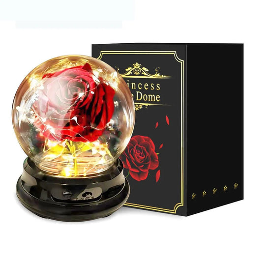 Handmade Red Velvet Rose Lamp in Glass Dome – Romantic Flower Lantern Gift