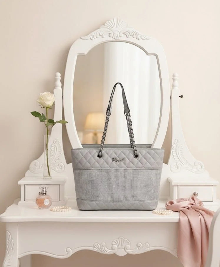 Display of tote bag kept before a dressing mirror