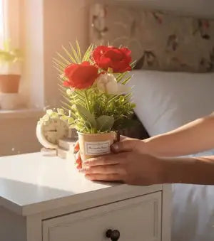Artificial Rose Flower Pot Arrangement – Realistic Red & White Floral Décor (A gift forever