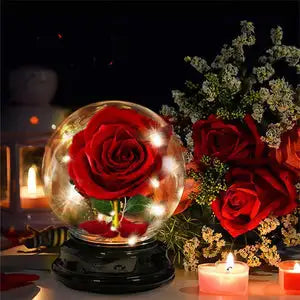 Handmade Red Velvet Rose Lamp in Glass Dome – Romantic Flower Lantern Gift